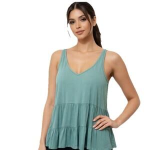 Loft Sage Green Sleeveless Rayon Tank Blouse Ruffle Bottom Linen Feel Sz PL